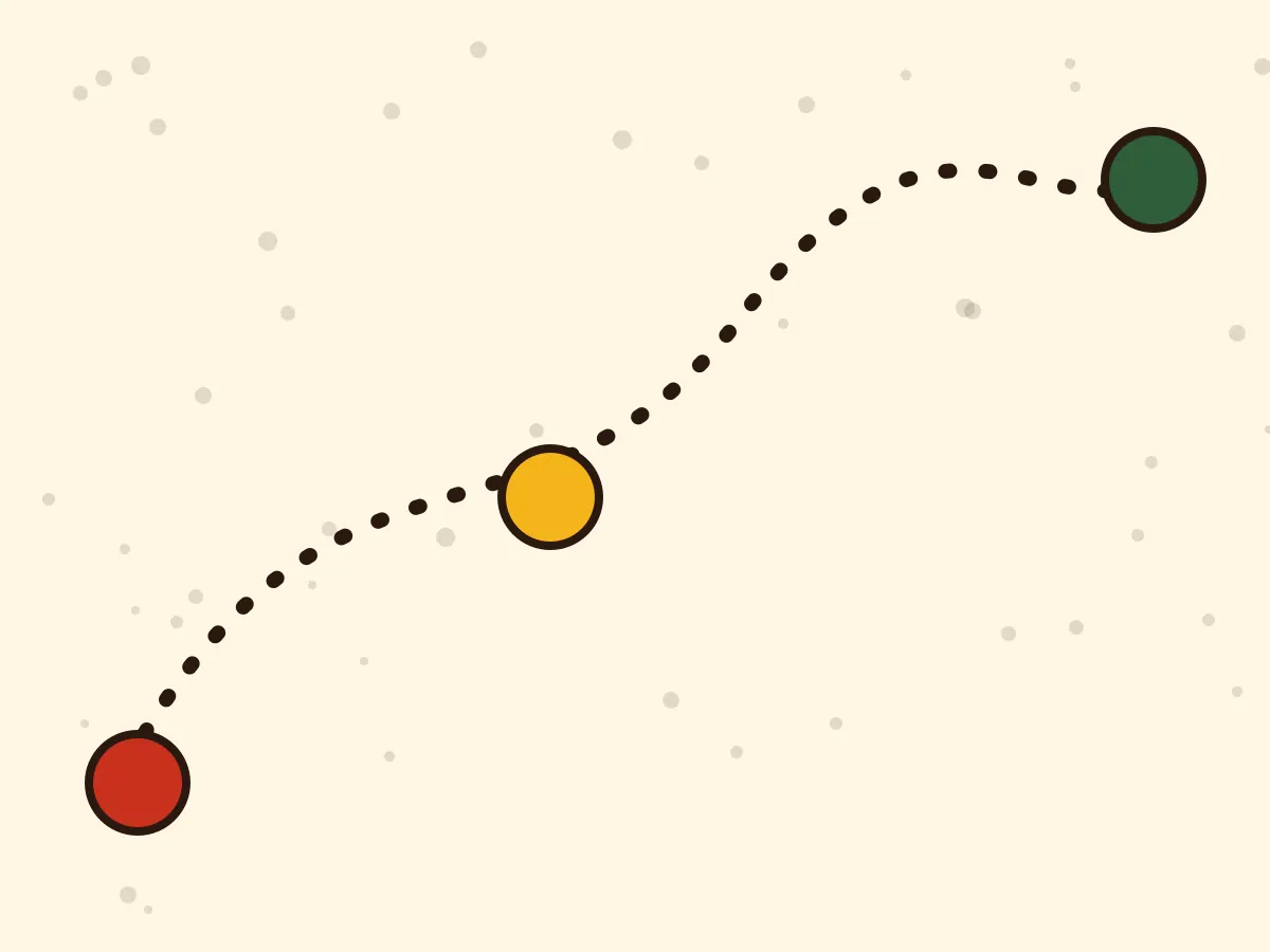 A winding journey route with three stops